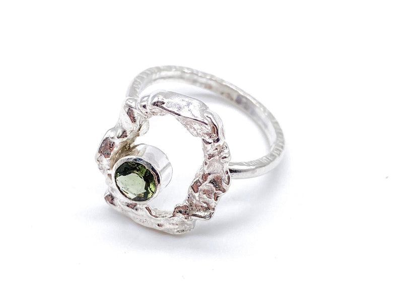 Moldavite Sterling Silver Halo Ring Handmade