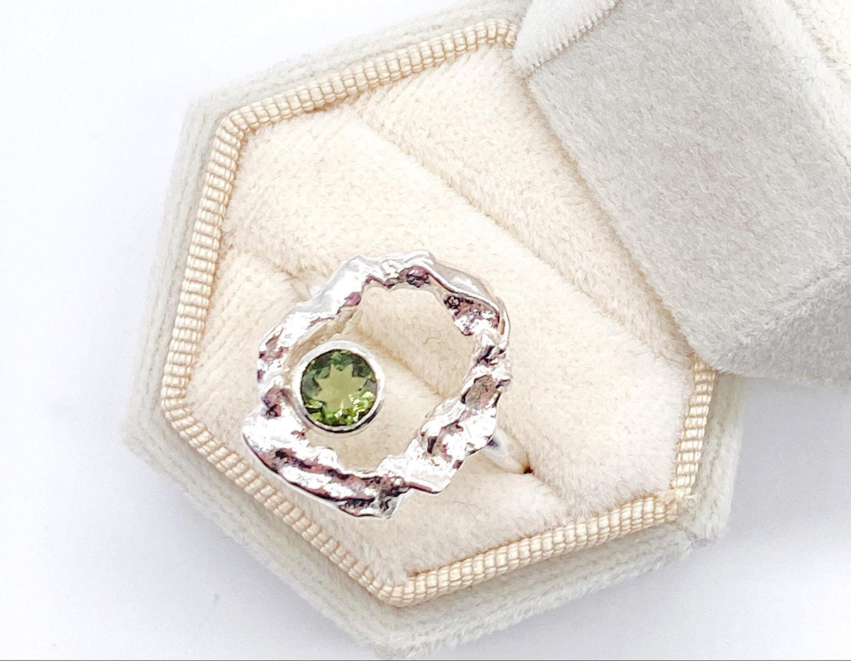 Moldavite Sterling Silver Halo Ring Handmade