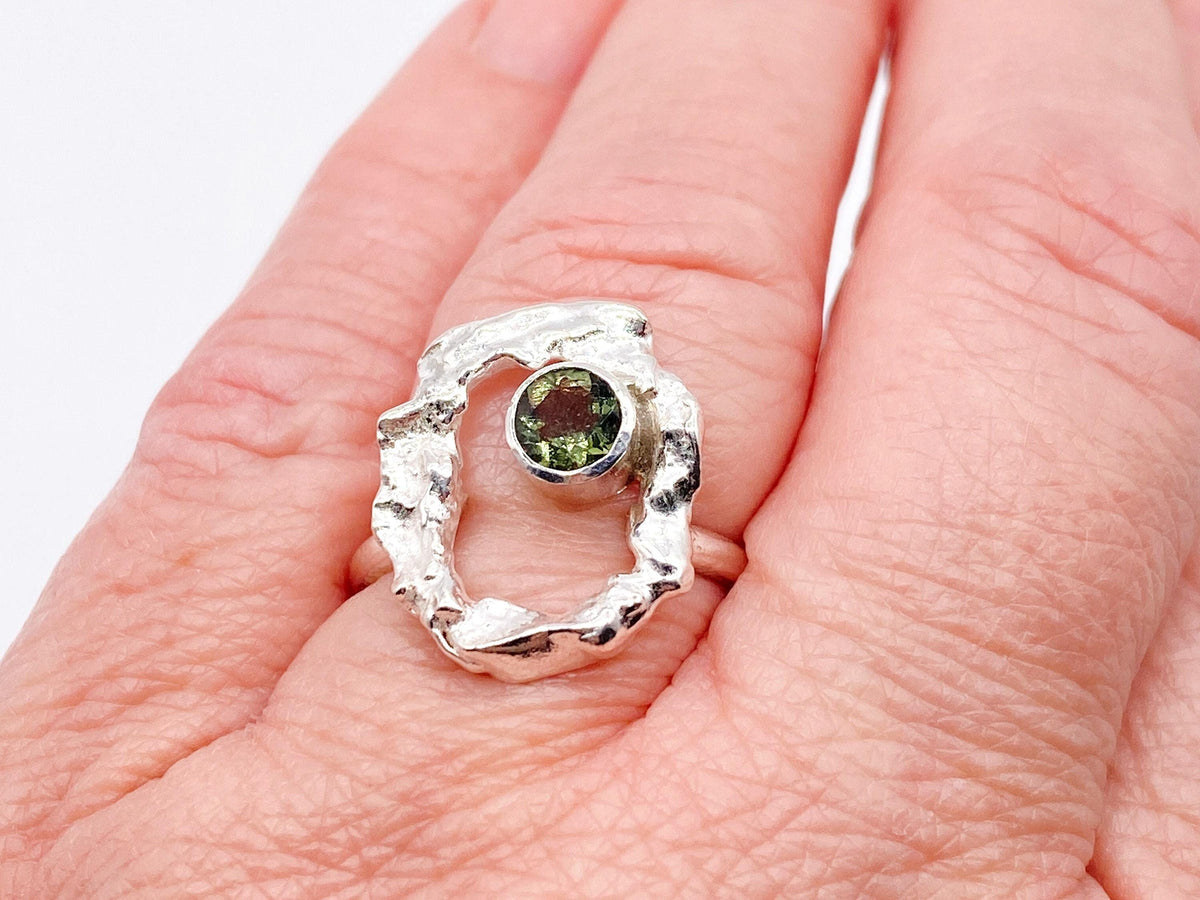 Moldavite Sterling Silver Halo Ring Handmade