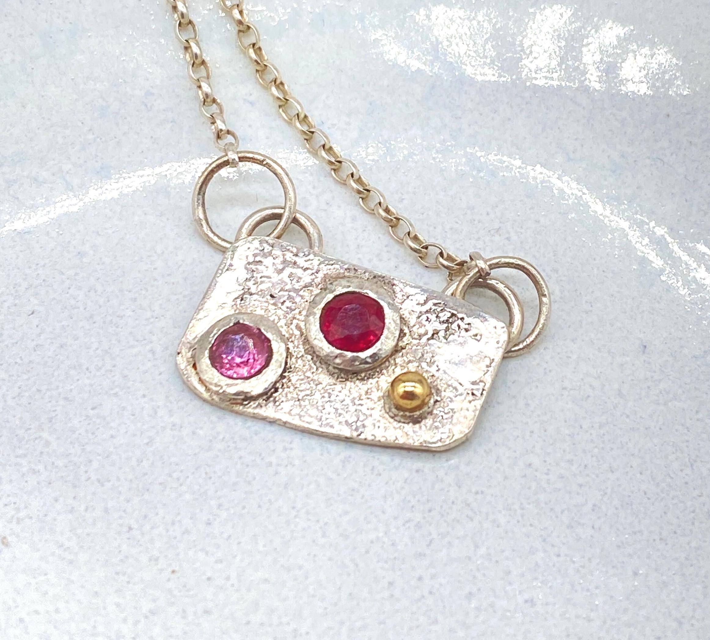 Handmade Ruby and Pink Sapphire Silver & Gold Necklace: Natural Gemstone Jewellery