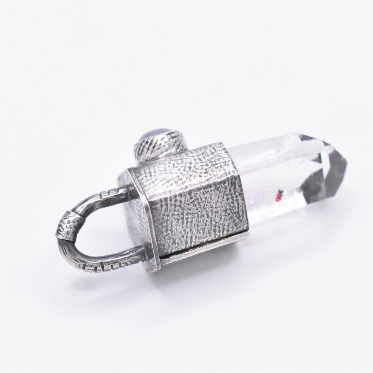 Handmade Brandberg Harlequin Quartz and White Moonstone Textured Sterling Silver Crystal Pendant