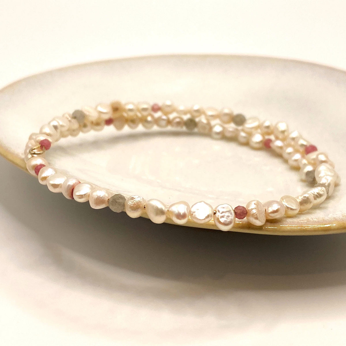 Baroque Pearl, Pink Tourmaline & Labradorite Bracelet: Handmade Natural Gemstone Bangle