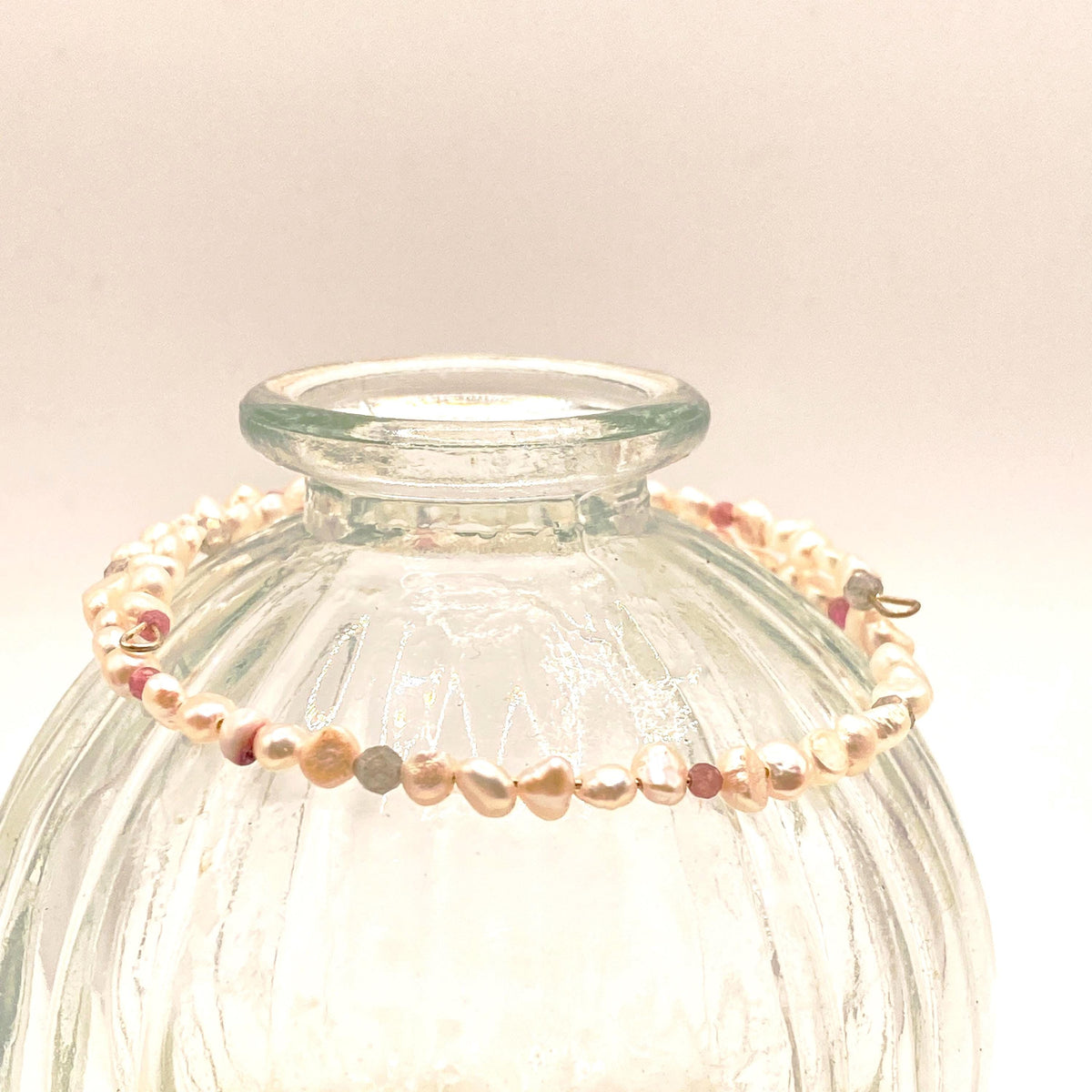Baroque Pearl, Pink Tourmaline & Labradorite Bracelet: Handmade Natural Gemstone Bangle