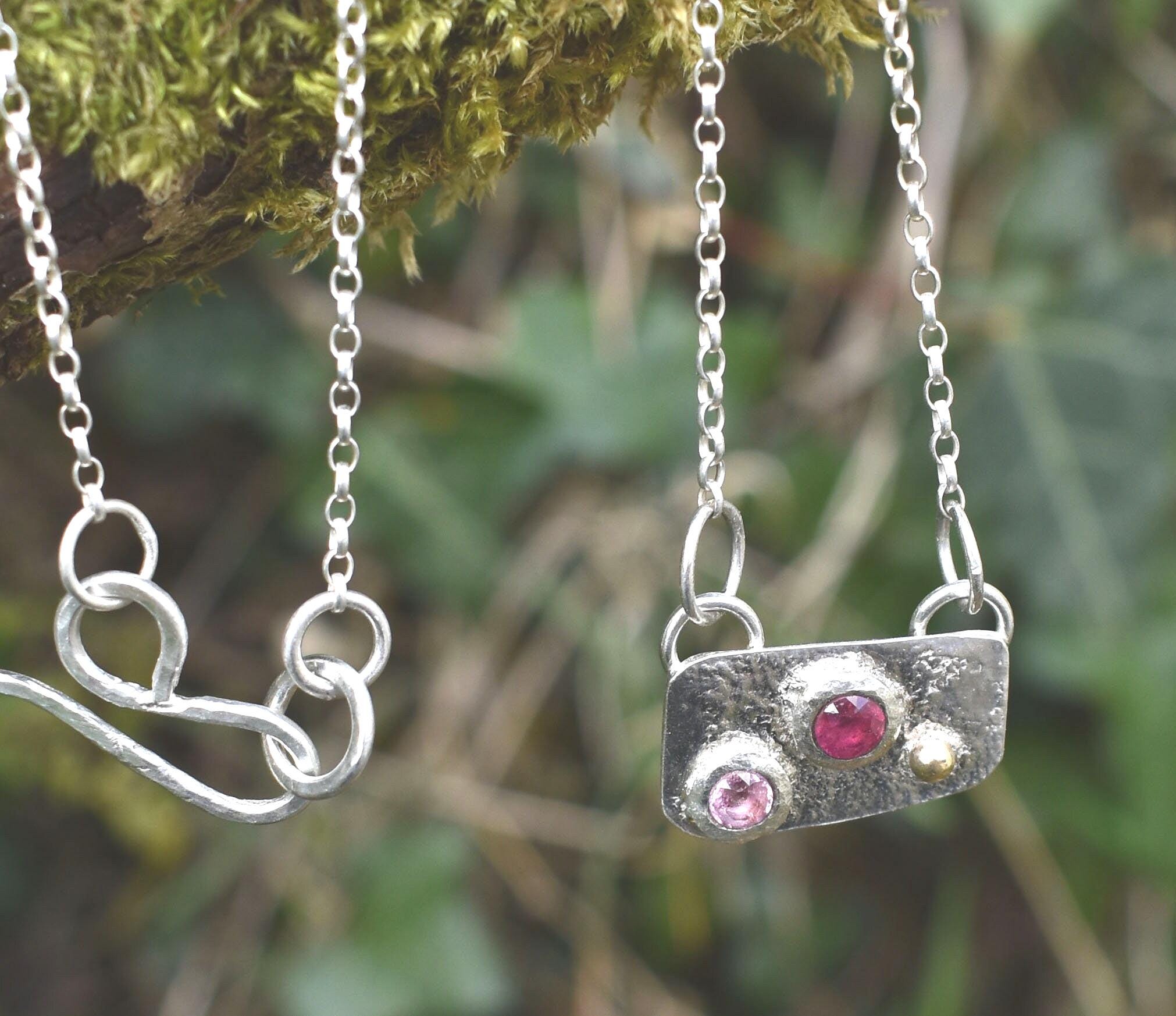 Handmade Ruby and Pink Sapphire Silver & Gold Necklace: Natural Gemstone Jewellery