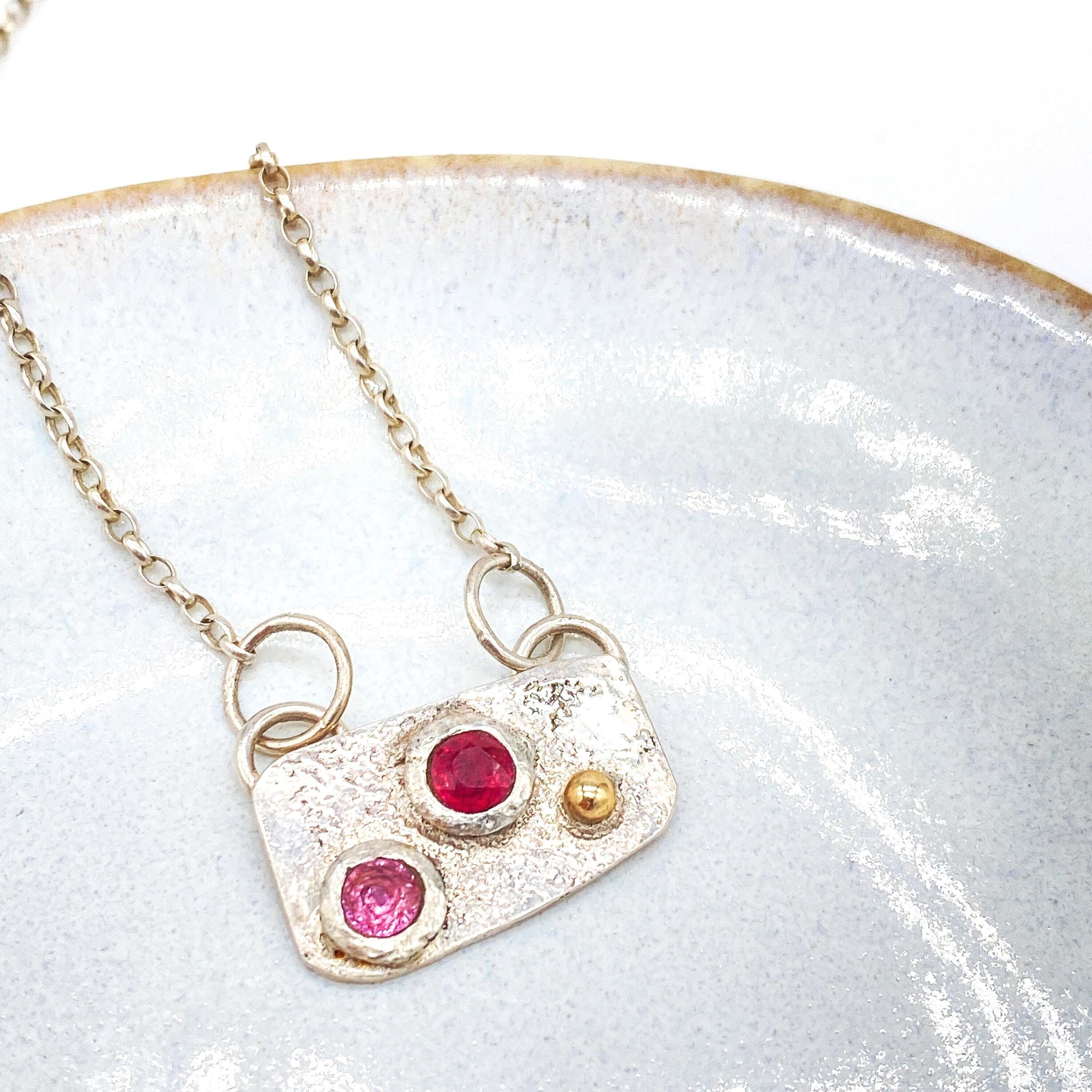 Handmade Ruby and Pink Sapphire Silver & Gold Necklace: Natural Gemstone Jewellery