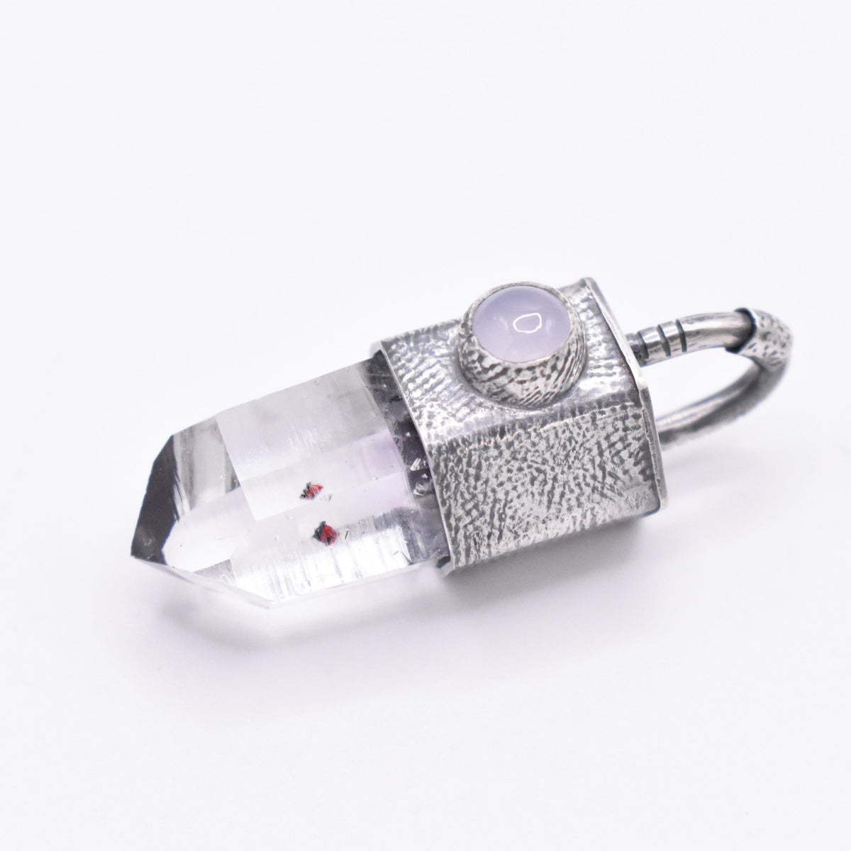 Handmade Brandberg Harlequin Quartz and White Moonstone Textured Sterling Silver Crystal Pendant