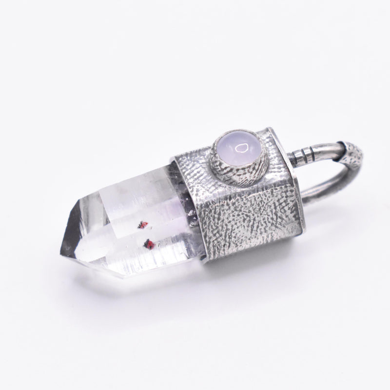 Handmade Brandberg Harlequin Quartz and White Moonstone Textured Sterling Silver Crystal Pendant