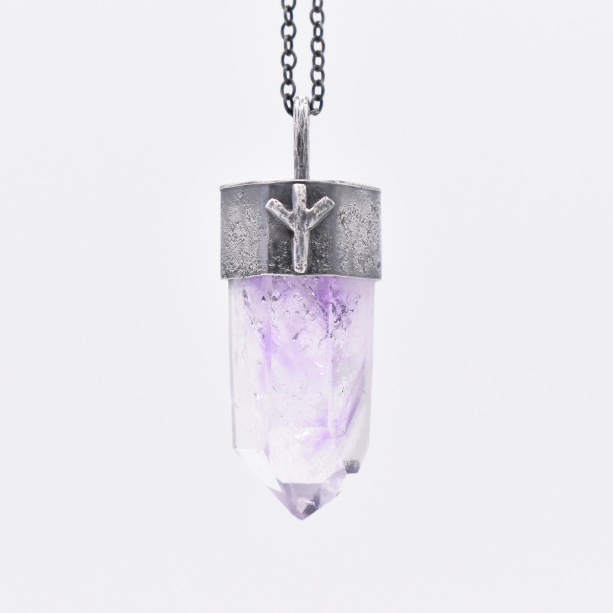 Handmade Brandberg Enhydro Quartz Crystal Blackened Sterling Silver Algiz Rune Pendant