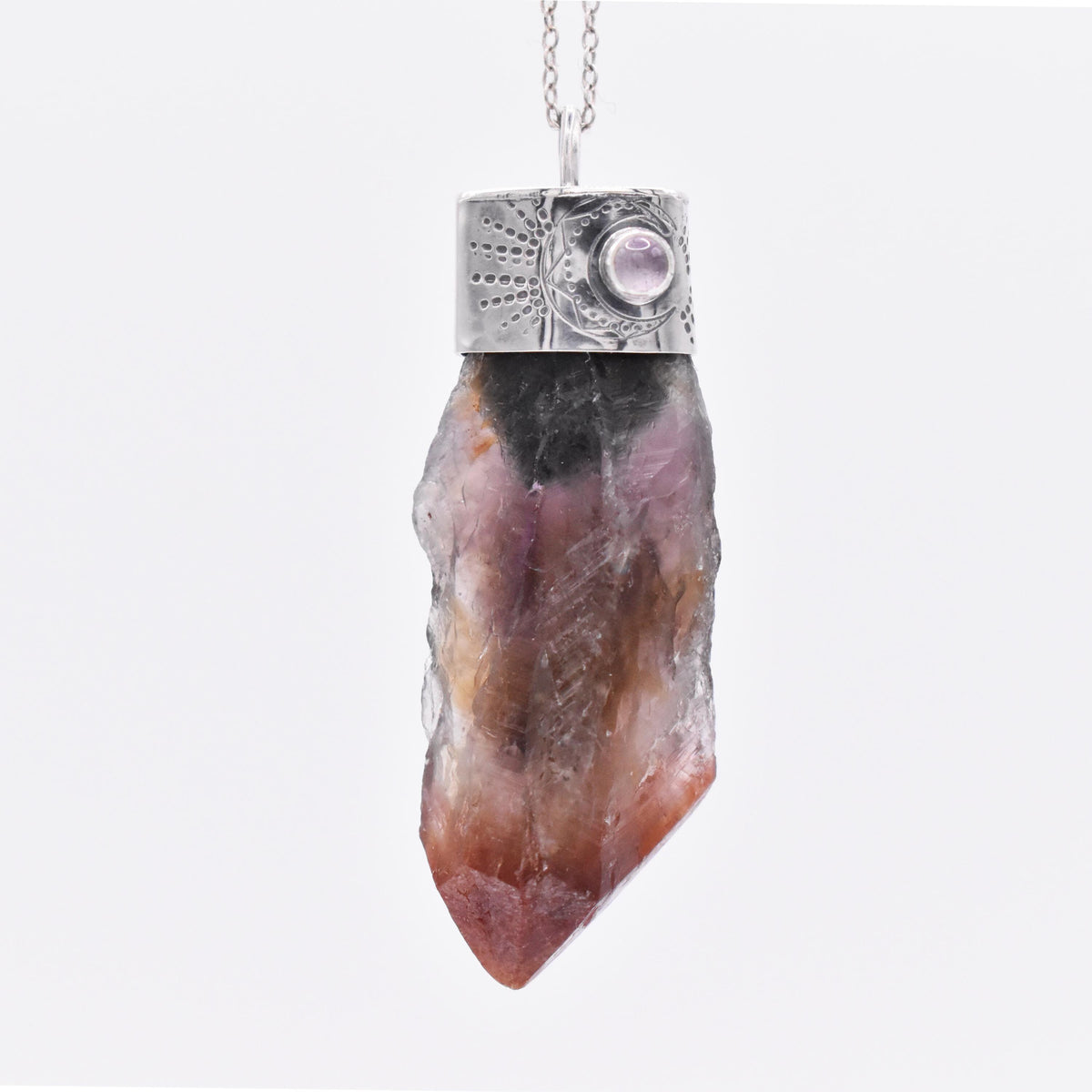 Handmade Auralite 23 and Amethyst Moon Stamped Sterling Silver Pendant