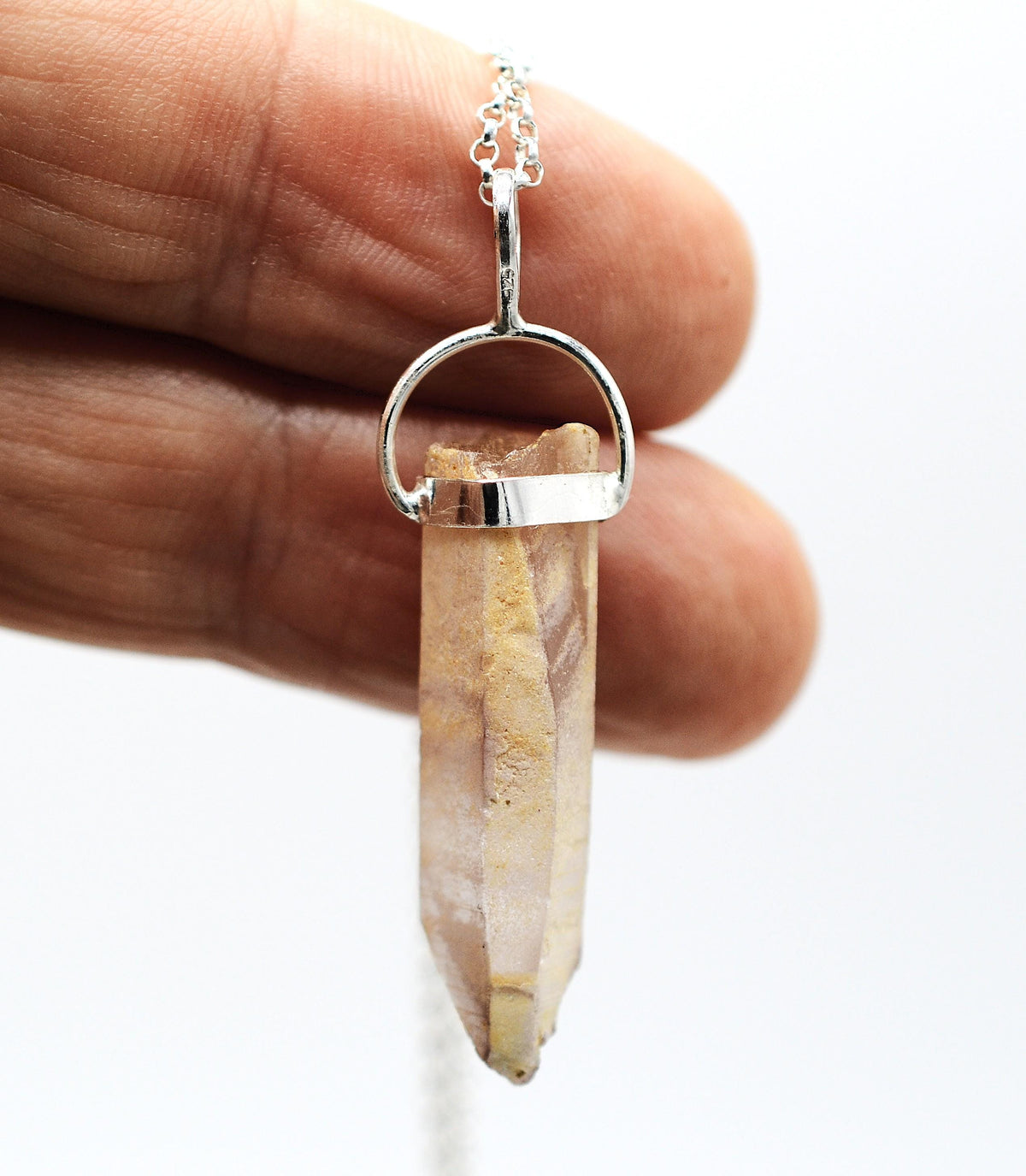 Lithium Quartz Phantom Silver Pendant: Ethically Mined Natural Crystal for Calm