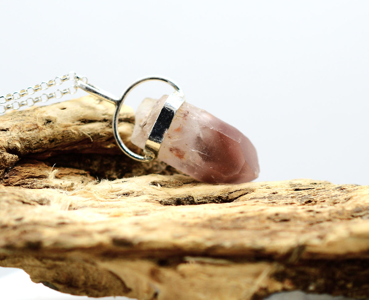 Lithium Quartz Phantom Silver Pendant: Ethically Mined Natural Crystal for Calm