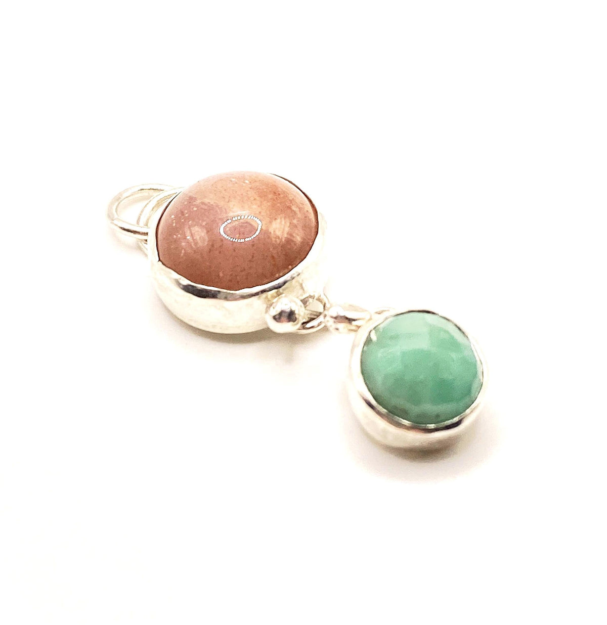 Pink Moonstone & Emerald Silver Pendant: Unique Handmade Natural Gemstone Jewellery