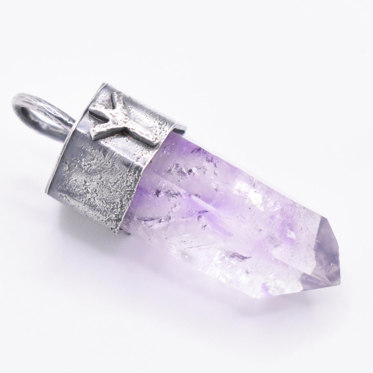 Handmade Brandberg Enhydro Quartz Crystal Blackened Sterling Silver Algiz Rune Pendant