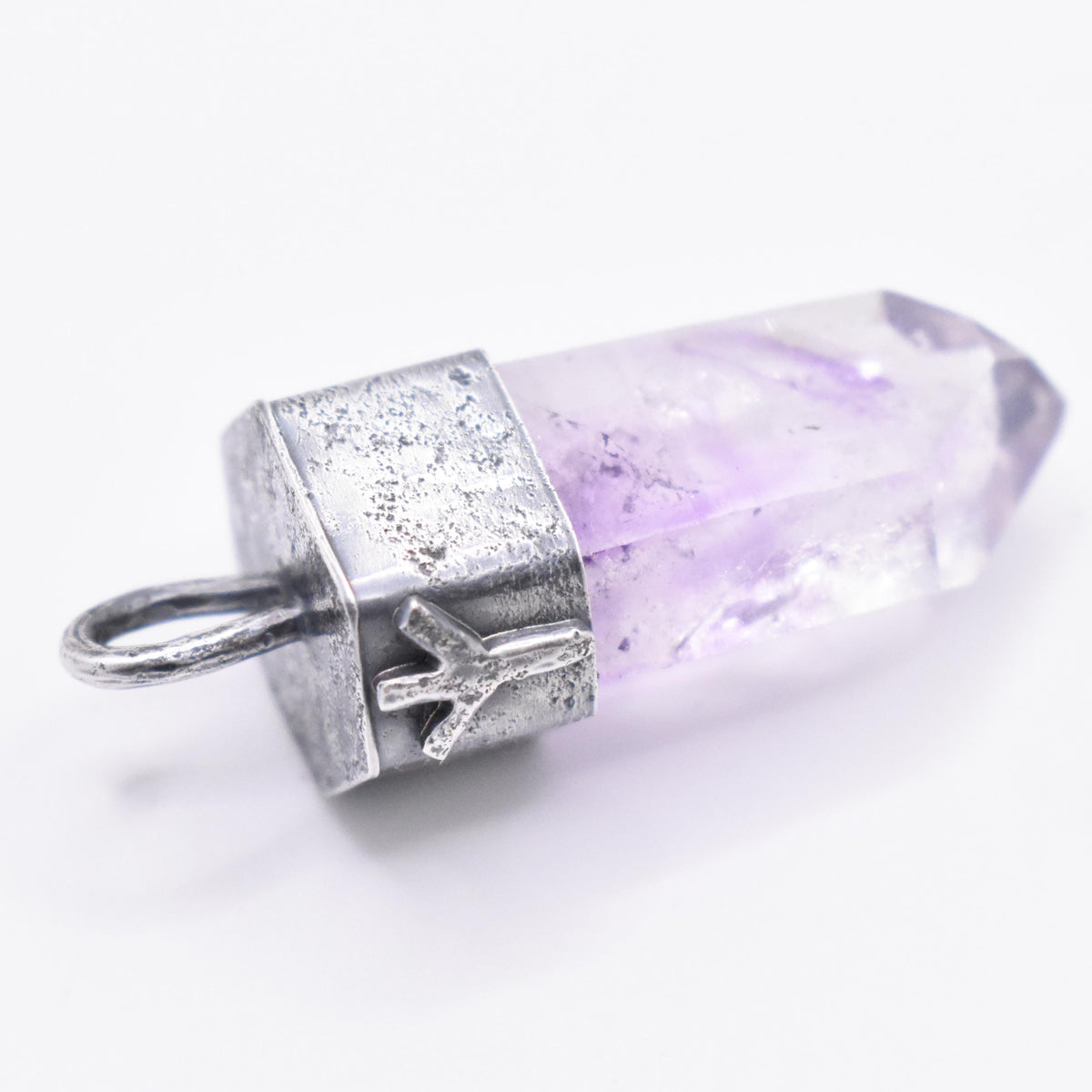 Handmade Brandberg Enhydro Quartz Crystal Blackened Sterling Silver Algiz Rune Pendant