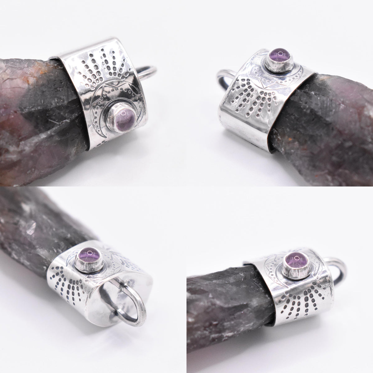 Handmade Auralite 23 and Amethyst Moon Stamped Sterling Silver Pendant