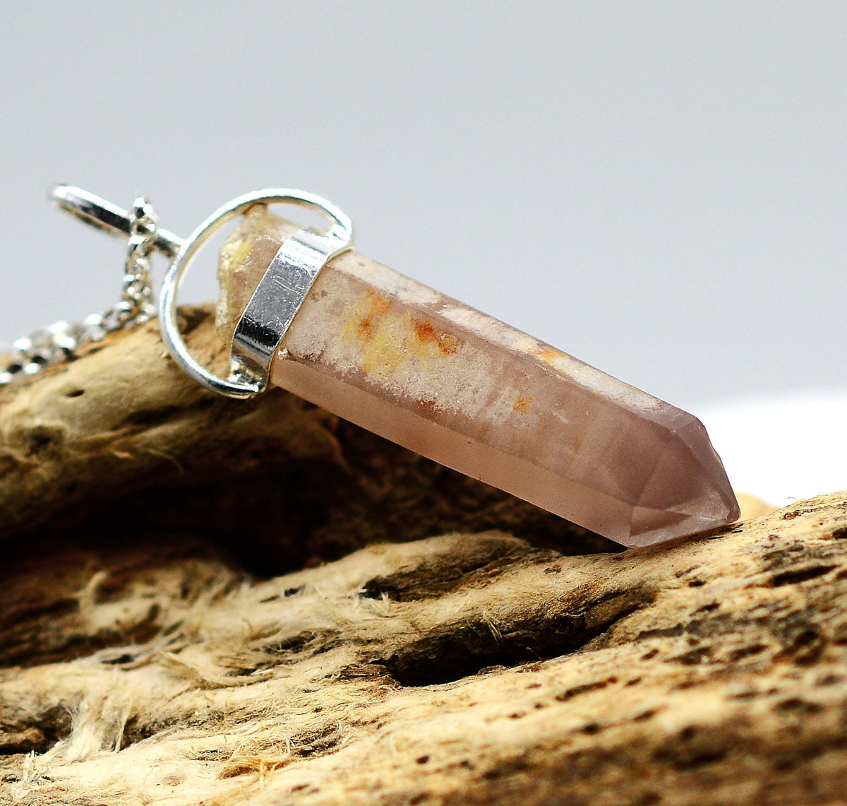 Lithium Quartz Phantom Silver Pendant: Ethically Mined Natural Crystal