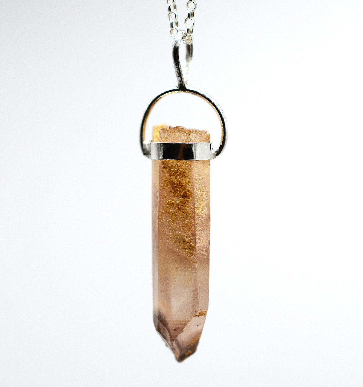 Lithium Quartz Phantom Silver Pendant: Ethically Mined Natural Crystal for Calm