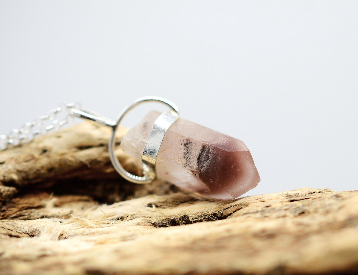 Lithium Quartz Phantom Silver Pendant: Ethically Mined Natural Crystal for Calm