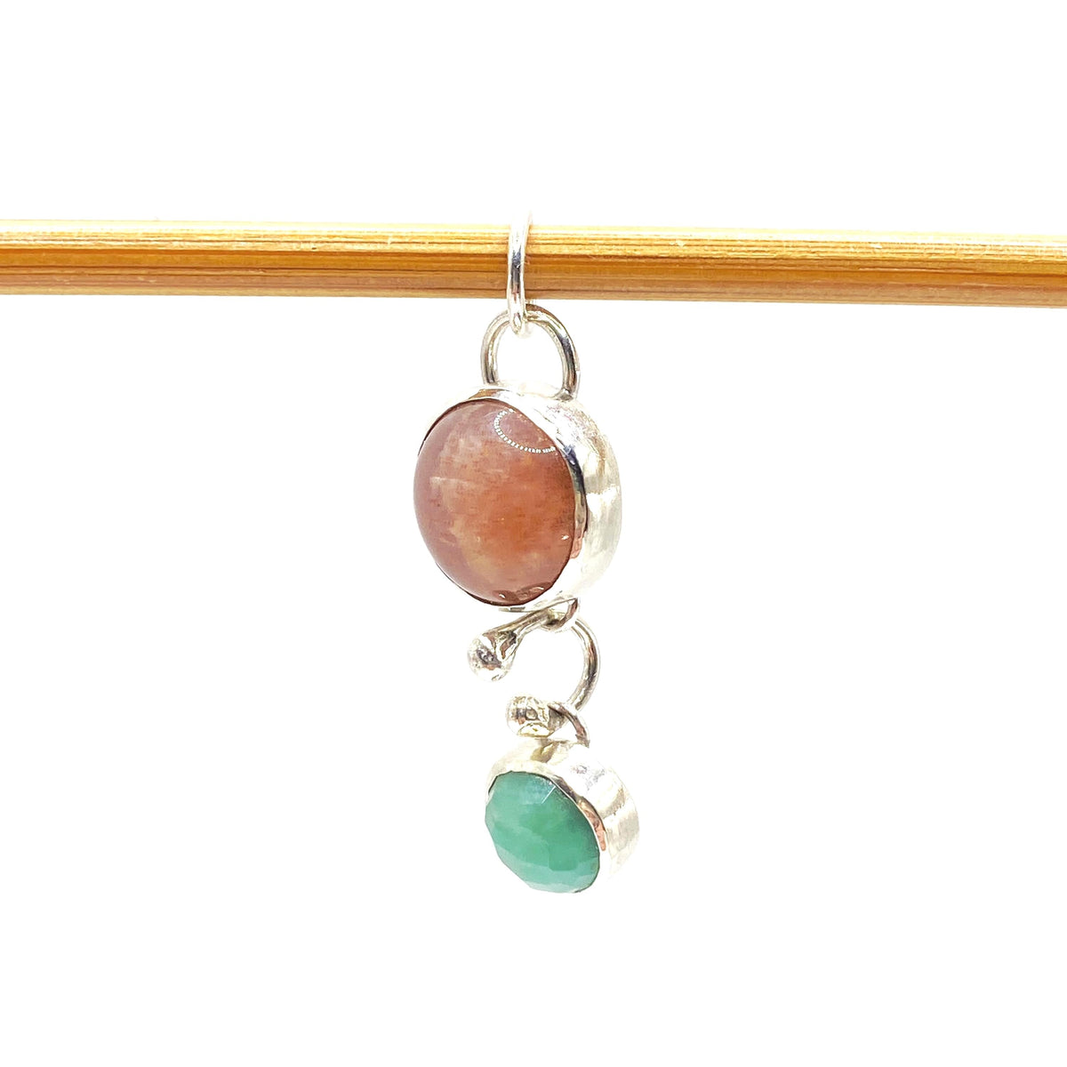 Pink Moonstone & Emerald Silver Pendant: Unique Handmade Natural Gemstone Jewellery