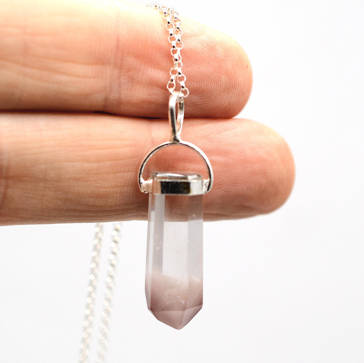 Lithium Quartz Phantom Silver Pendant: Ethically Mined Natural Crystal for Calm