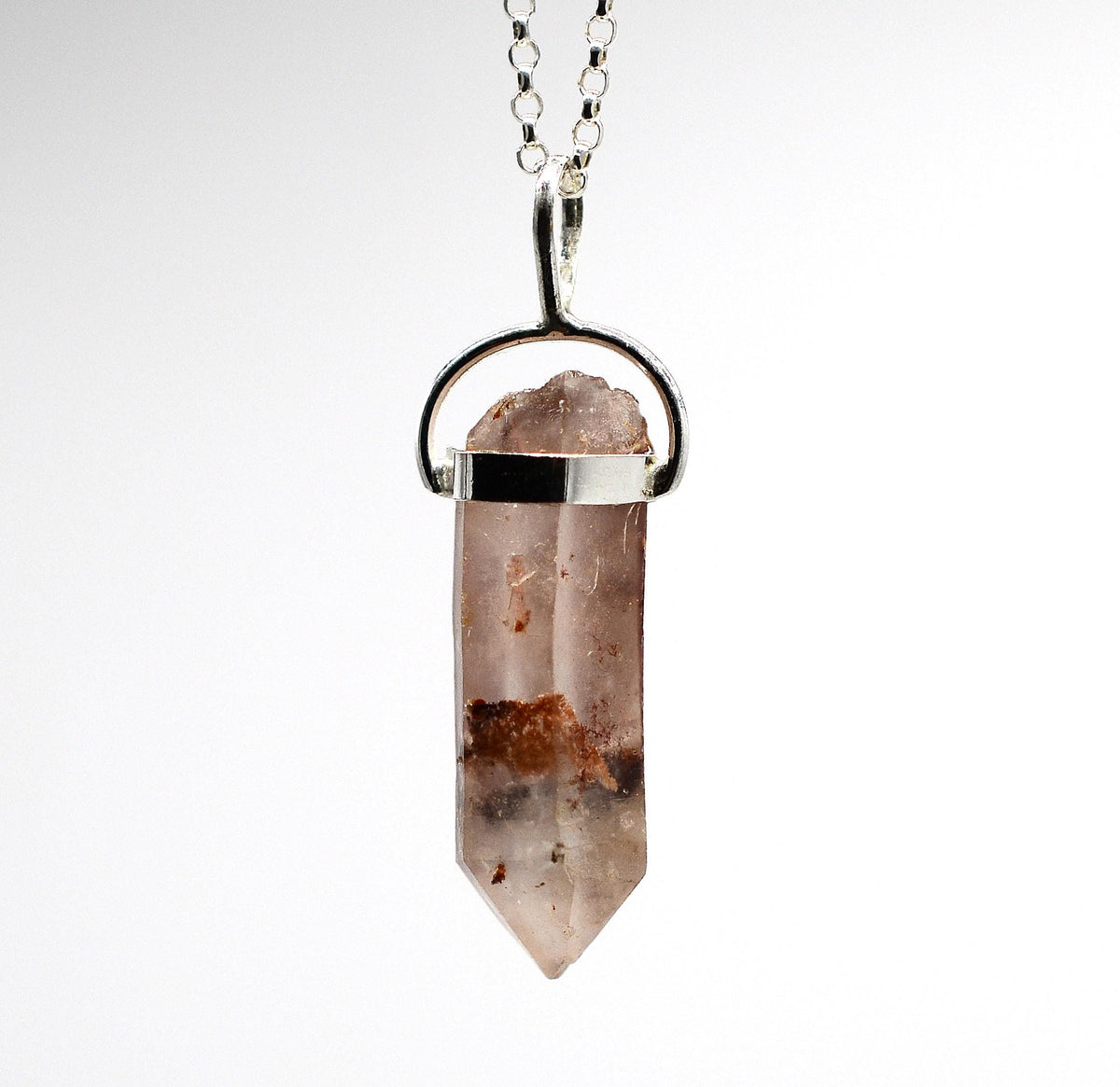 Lithium Quartz Phantom Silver Pendant: Ethically Mined Natural Crystal for Calm
