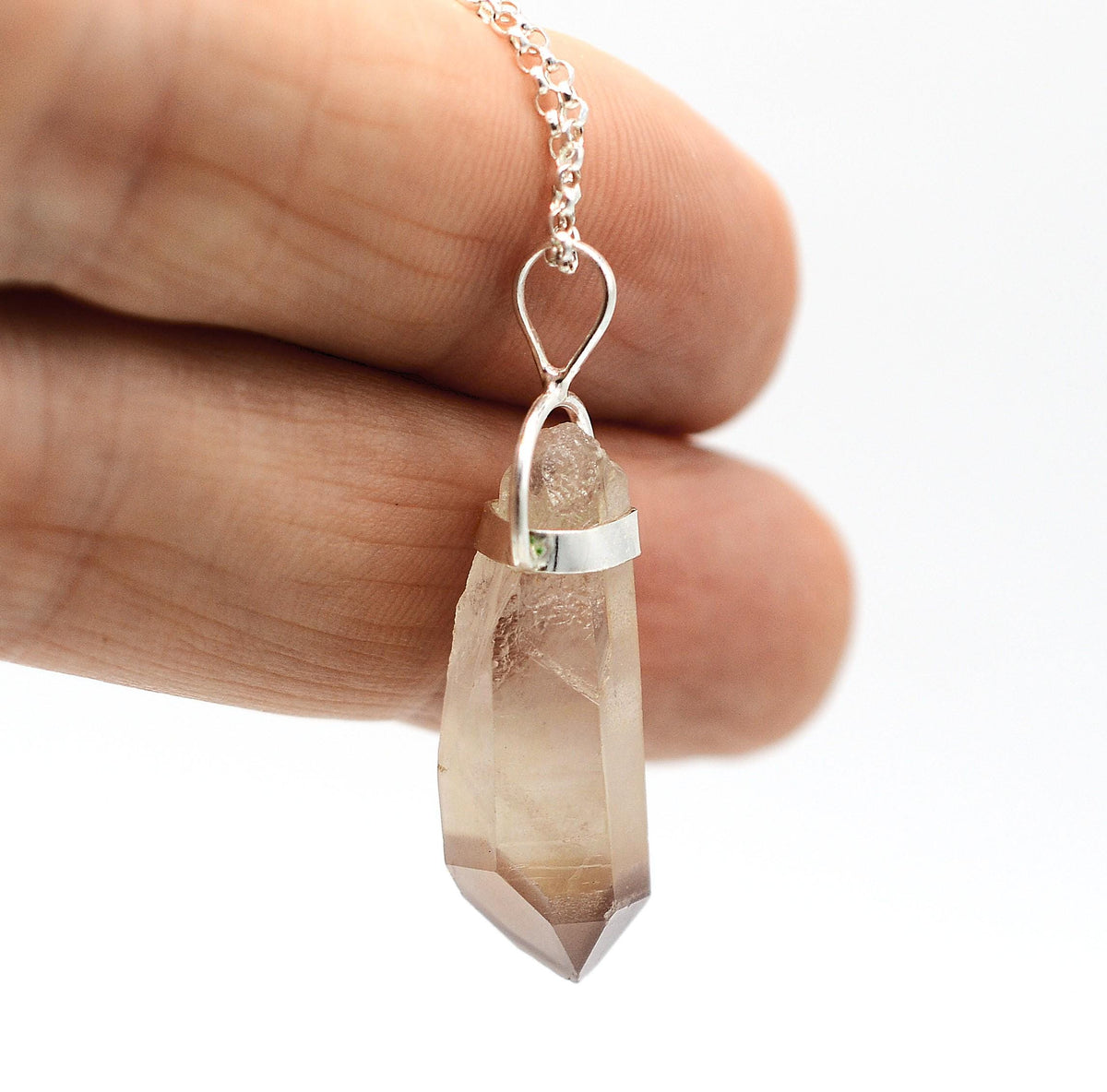 Lithium Quartz Phantom Silver Pendant: Ethically Mined Natural Crystal for Calm