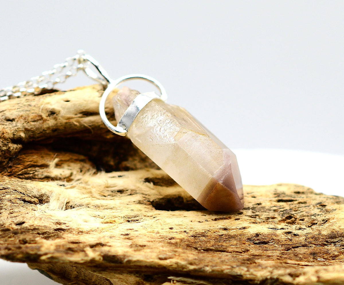 Lithium Quartz Phantom Silver Pendant: Ethically Mined Natural Crystal for Calm