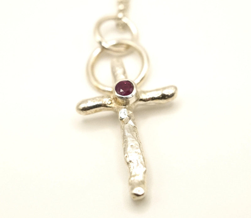 Ruby Sterling Silver Cross Pendant: Unique Handmade Natural Gemstone Jewellery