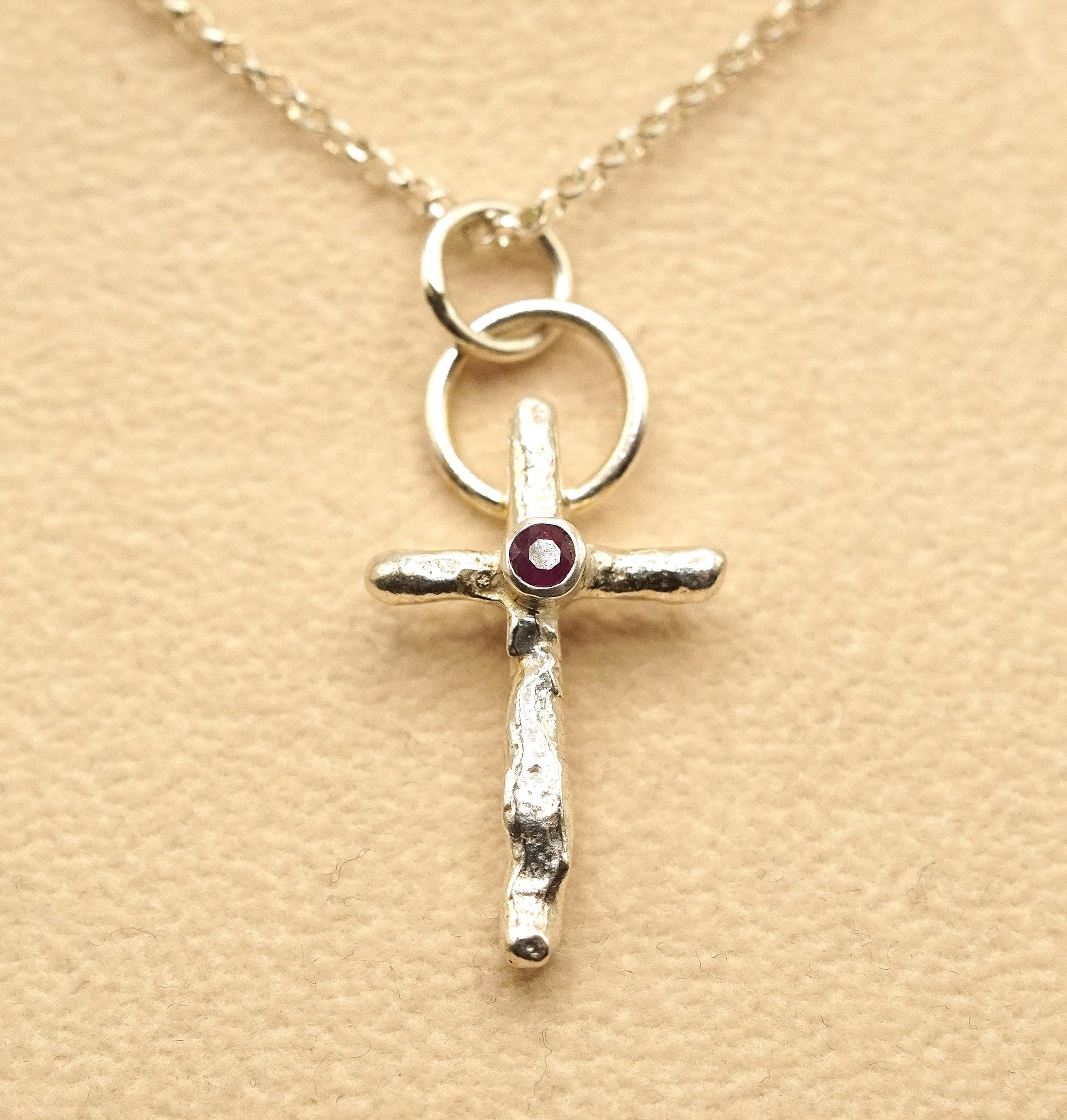 Ruby Sterling Silver Cross Pendant: Unique Handmade Natural Gemstone Jewellery