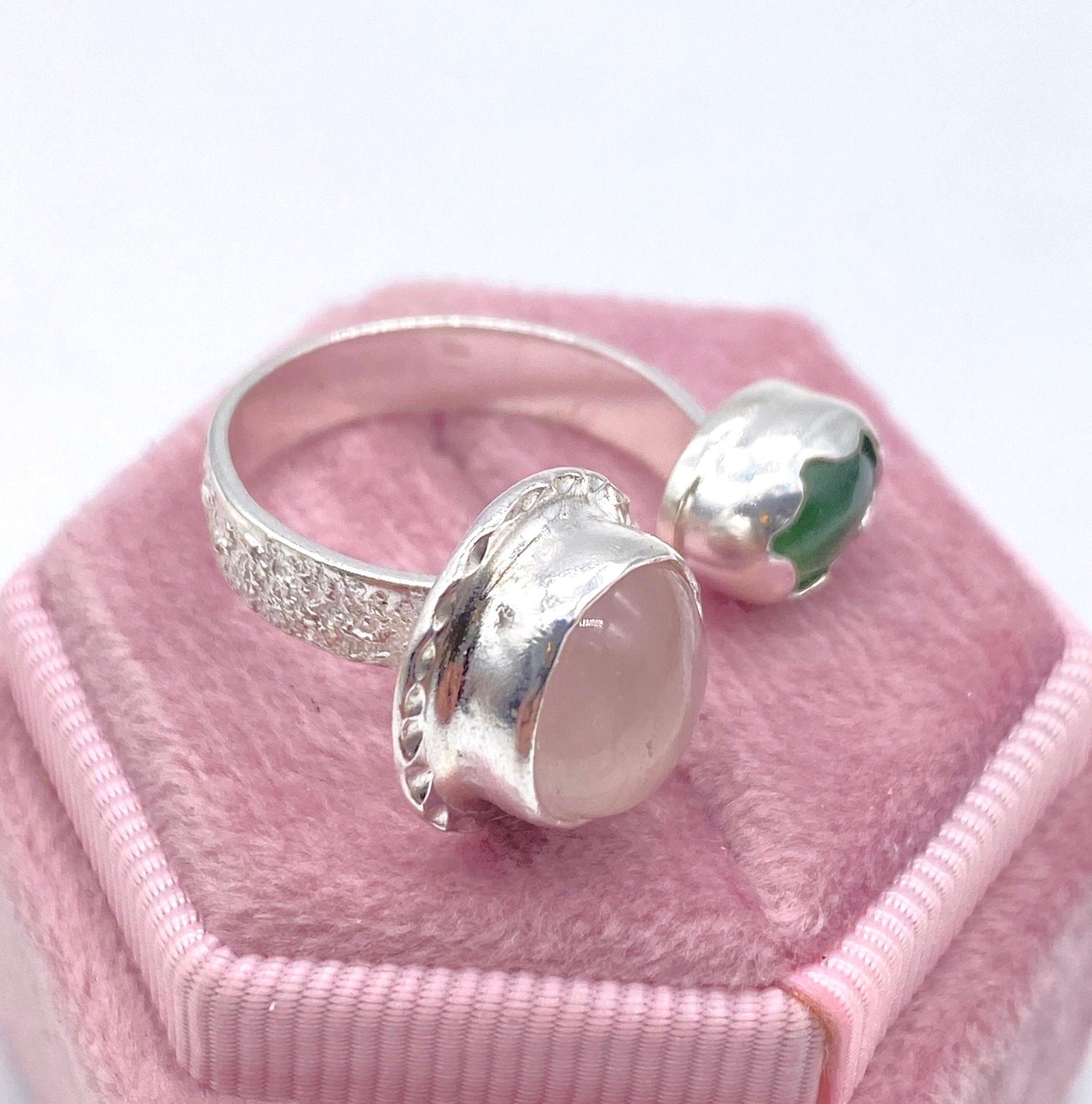 Rose Quartz & Serpentine Open Ring: Unique Handmade Natural Gemstone Jewellery