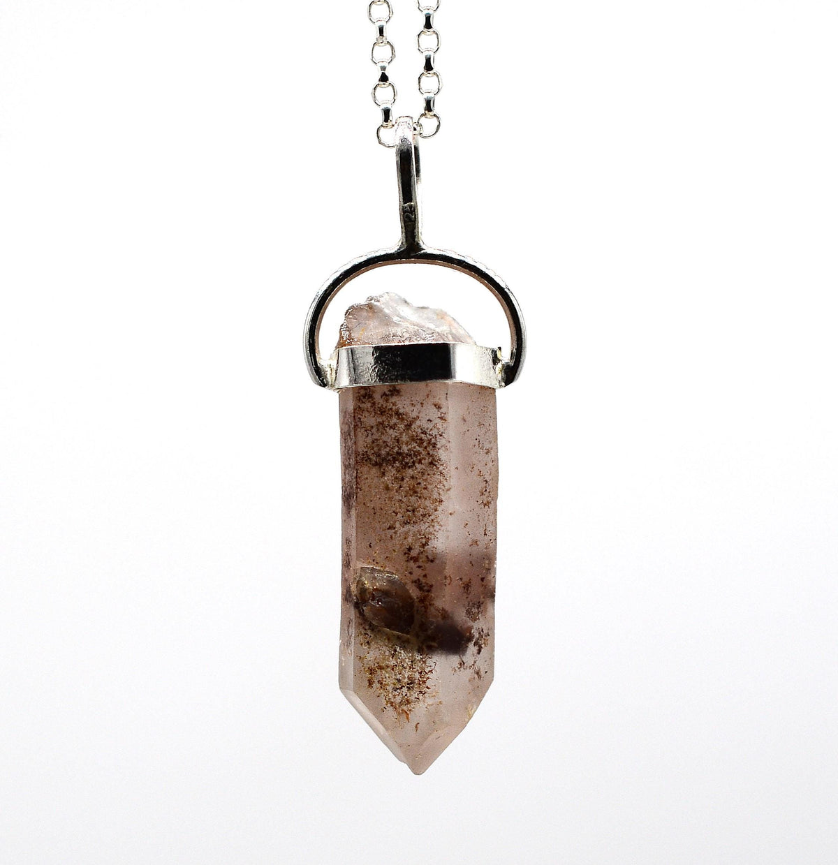 Lithium Quartz Phantom Silver Pendant: Ethically Mined Natural Crystal for Calm