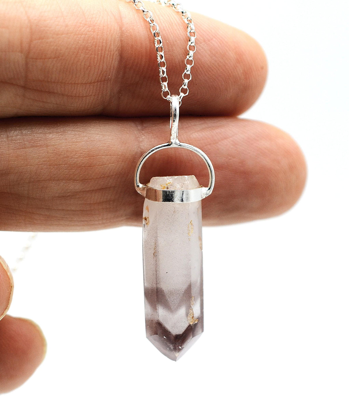 Lithium Quartz Phantom Silver Pendant: Ethically Mined Natural Crystal for Calm