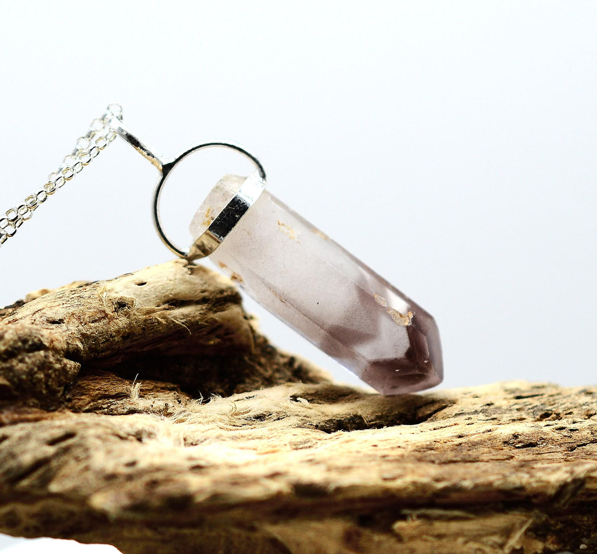 Lithium Quartz Phantom Silver Pendant: Ethically Mined Natural Crystal for Calm