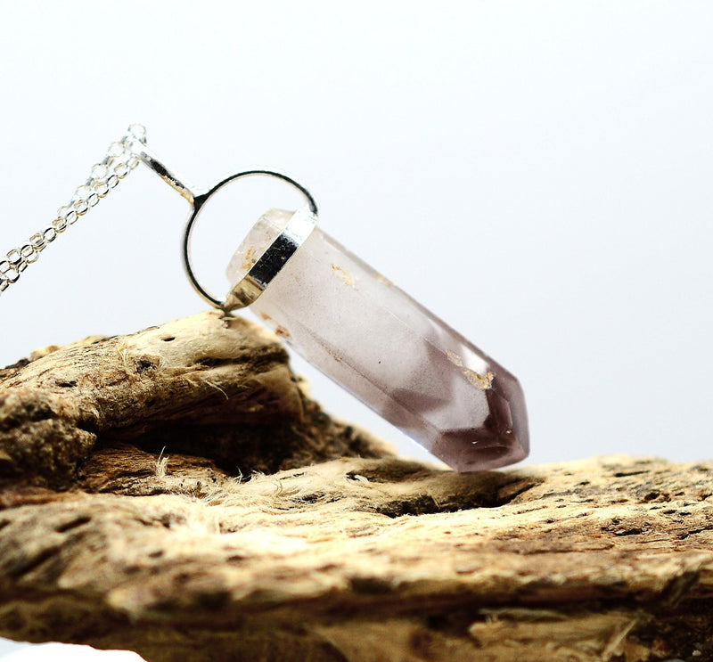 Lithium Quartz Phantom Silver Pendant: Ethically Mined Natural Crystal for Calm