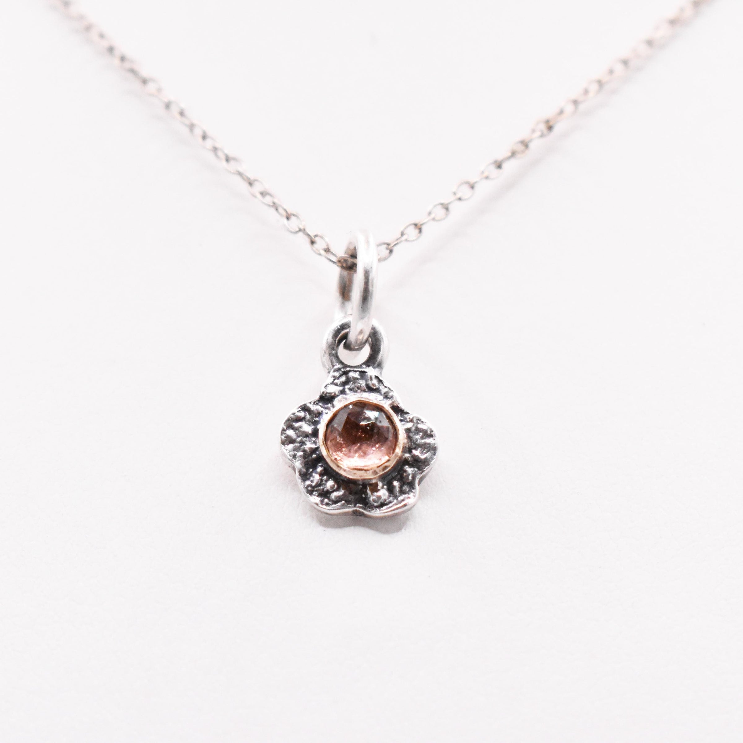 Handmade Pink Tourmaline Sterling Silver and 9ct Gold Flower Pendant