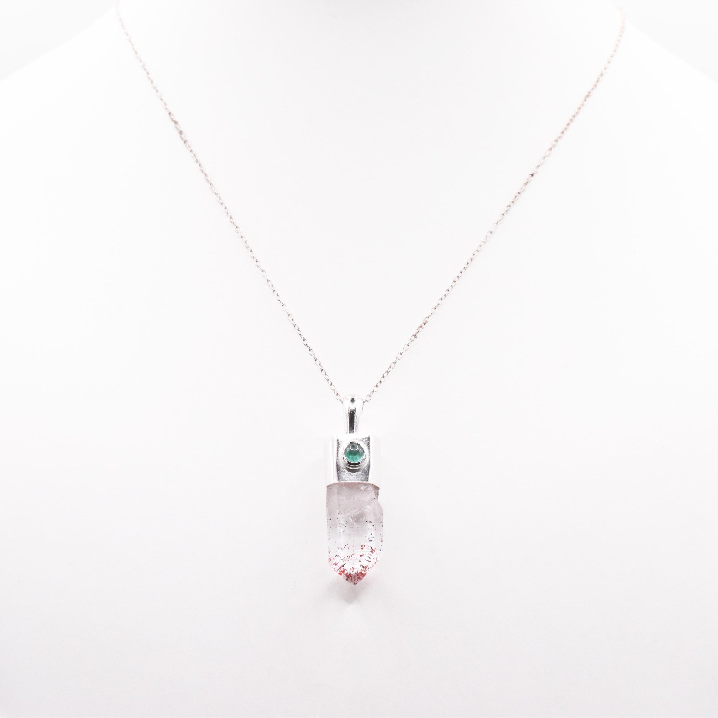 Handmade Brandberg Harlequin Quartz and Emerald Sterling Silver Pendant