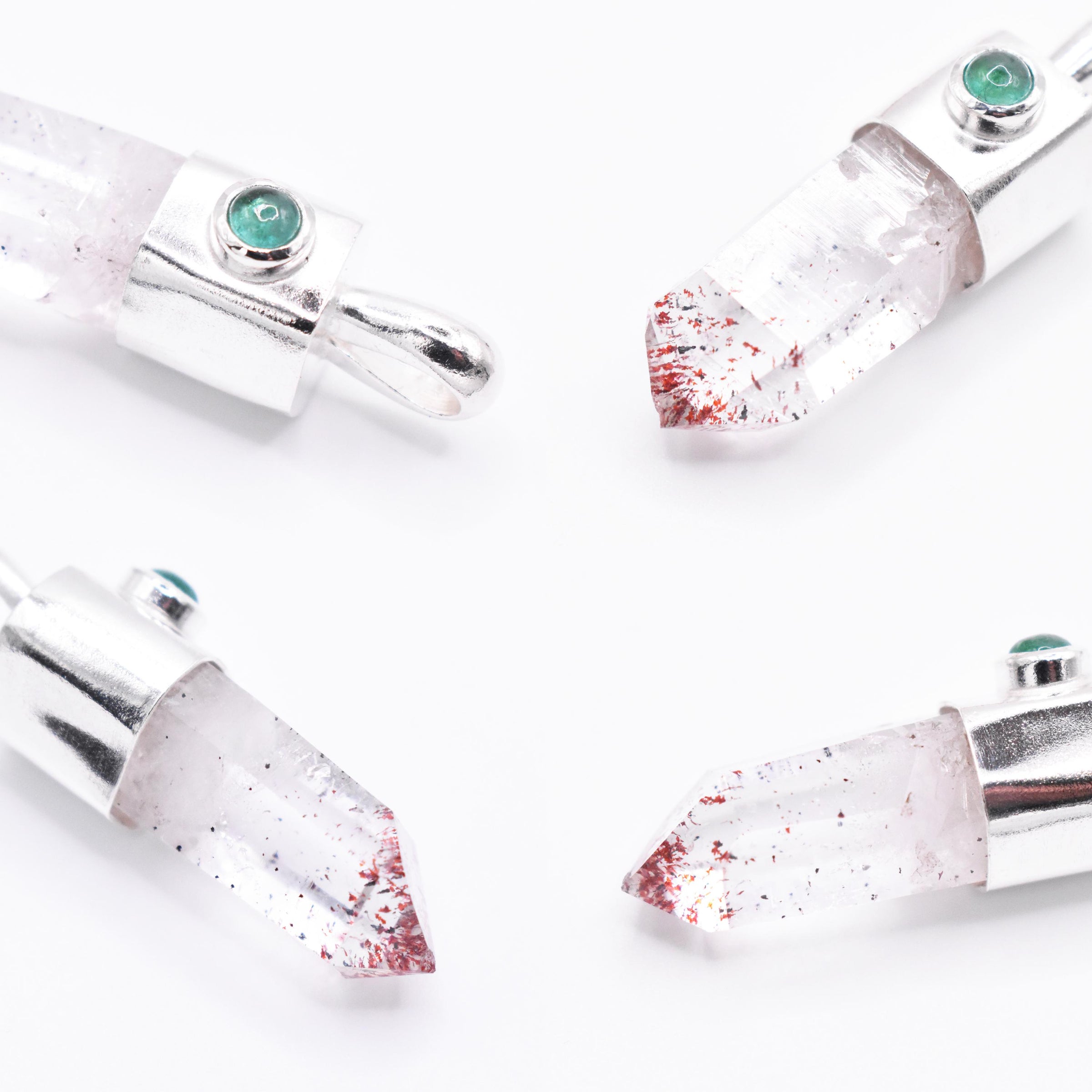 Handmade Brandberg Harlequin Quartz and Emerald Sterling Silver Pendant