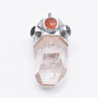 Handmade Brandberg Enhydro Quartz, Sunstone and Super 7 Hammered Sterling Silver Crystal Pendant
