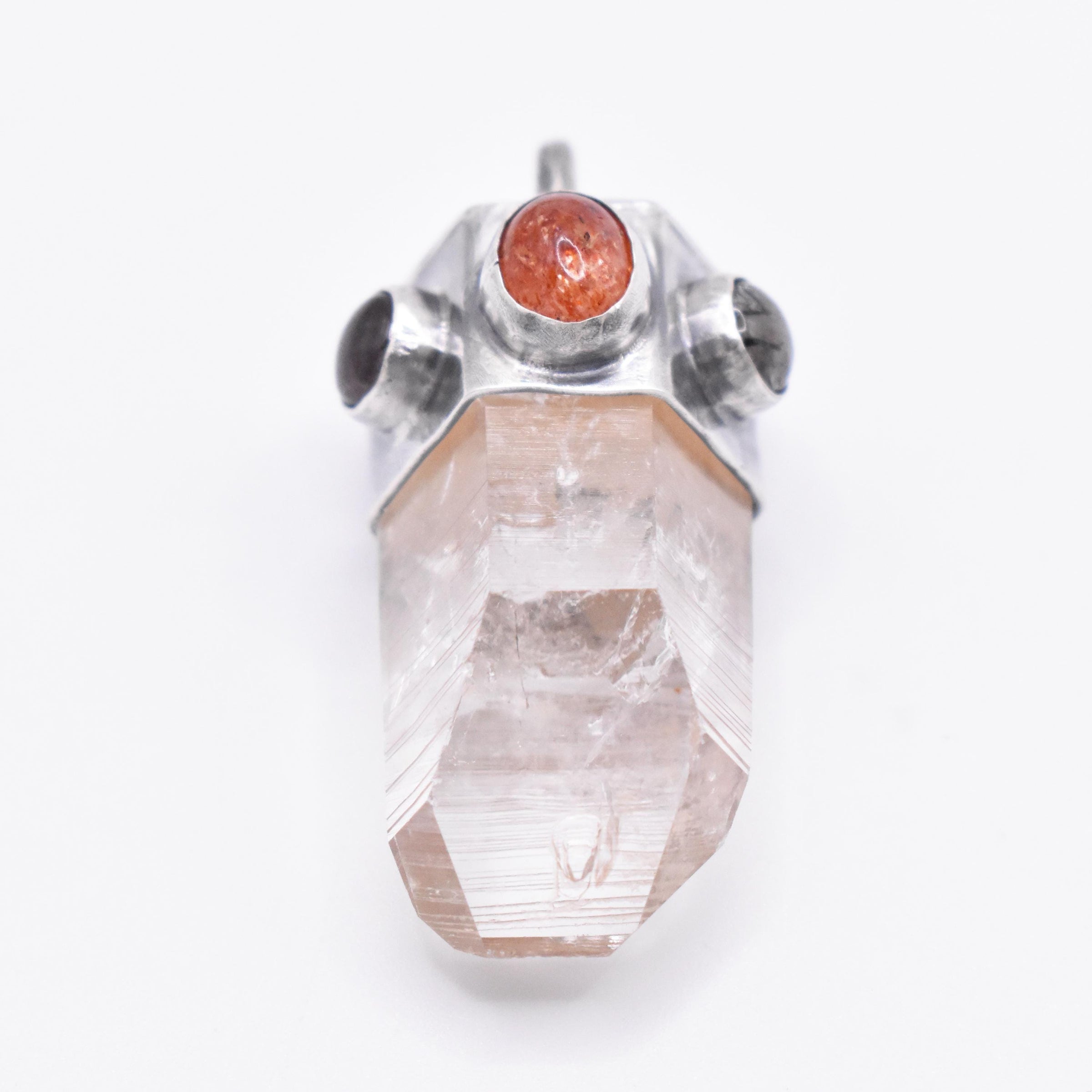 Handmade Brandberg Enhydro Quartz, Sunstone and Super 7 Hammered Sterling Silver Crystal Pendant