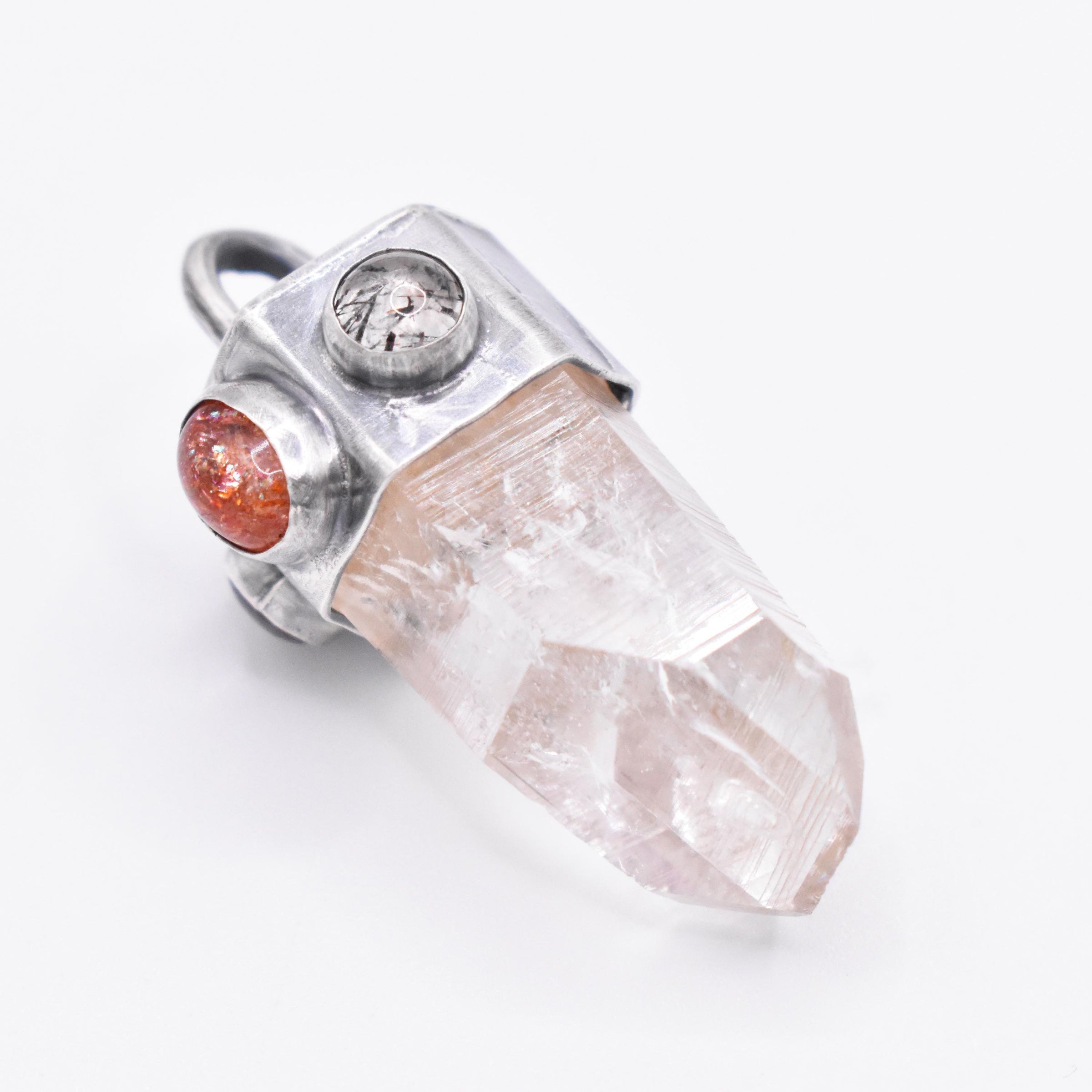 Handmade Brandberg Enhydro Quartz, Sunstone and Super 7 Hammered Sterling Silver Crystal Pendant