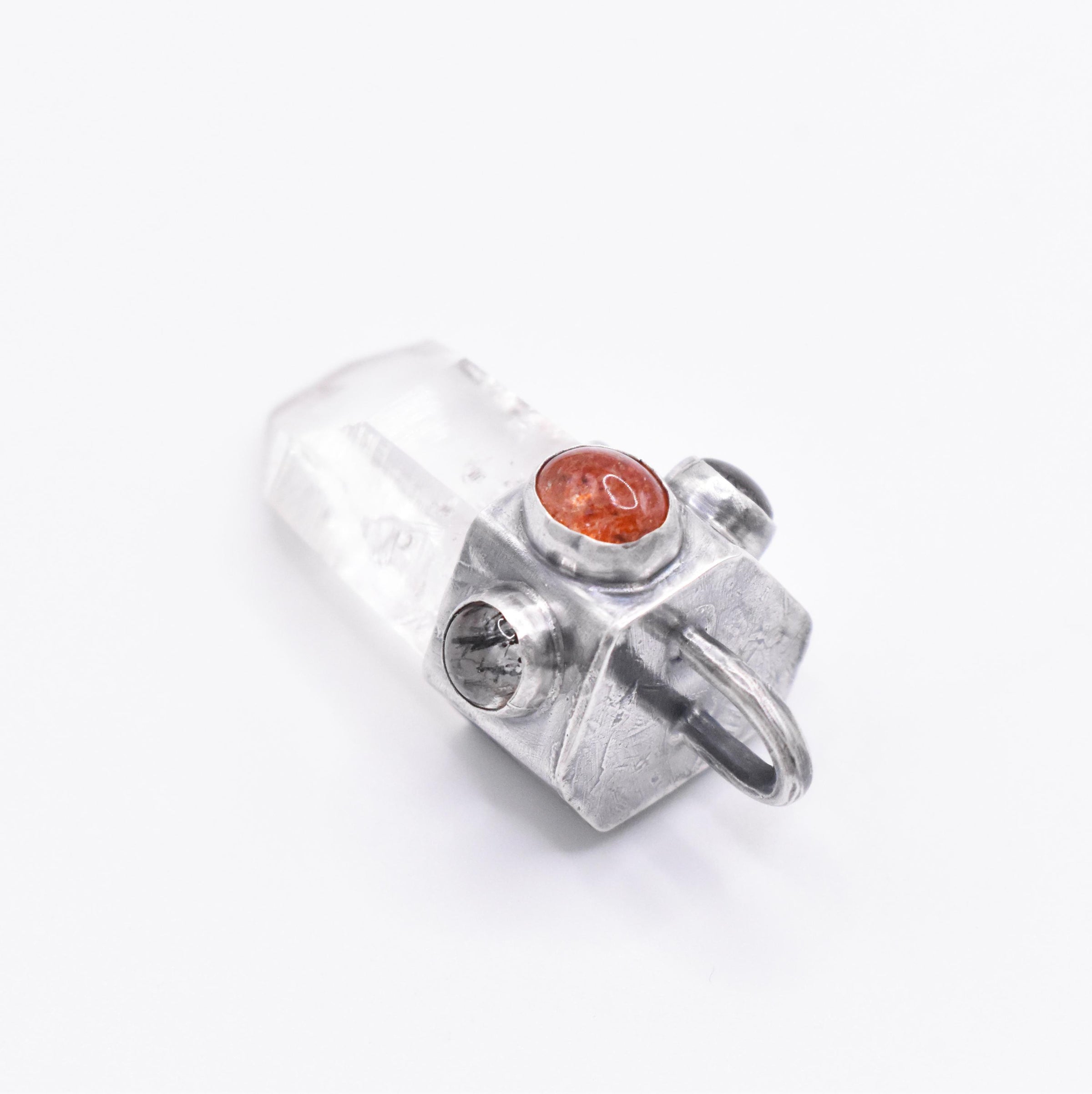 Handmade Brandberg Enhydro Quartz, Sunstone and Super 7 Hammered Sterling Silver Crystal Pendant