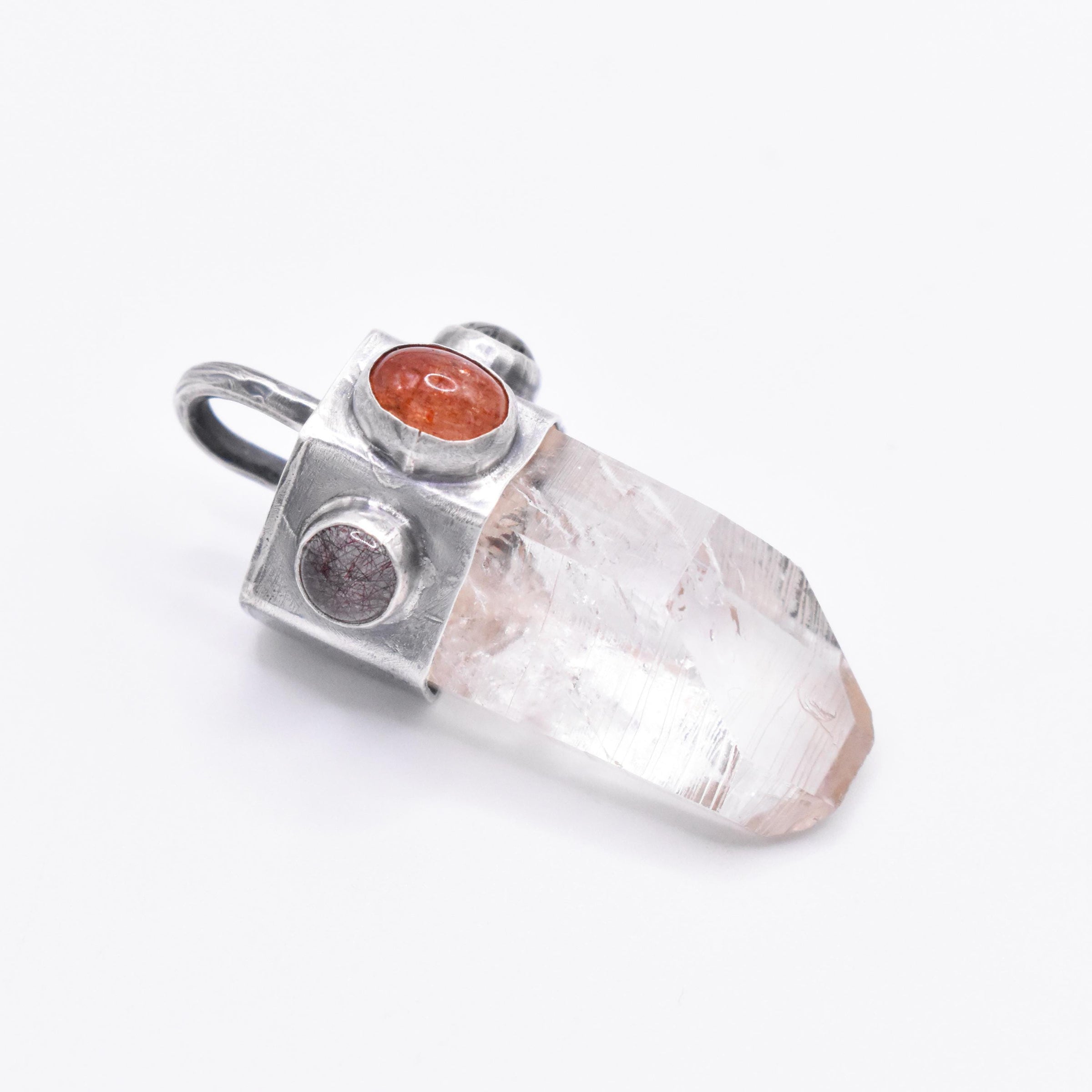 Handmade Brandberg Enhydro Quartz, Sunstone and Super 7 Hammered Sterling Silver Crystal Pendant