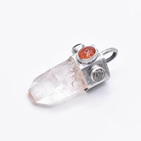 Handmade Brandberg Enhydro Quartz, Sunstone and Super 7 Hammered Sterling Silver Crystal Pendant