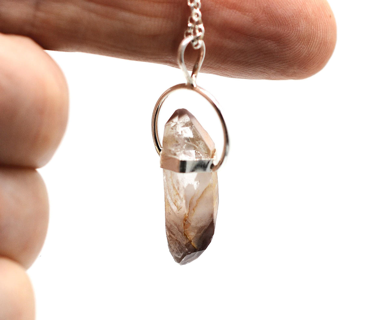 Lithium Quartz DT Phantom Silver Pendant: Ethically Mined Natural Crystal for Calm