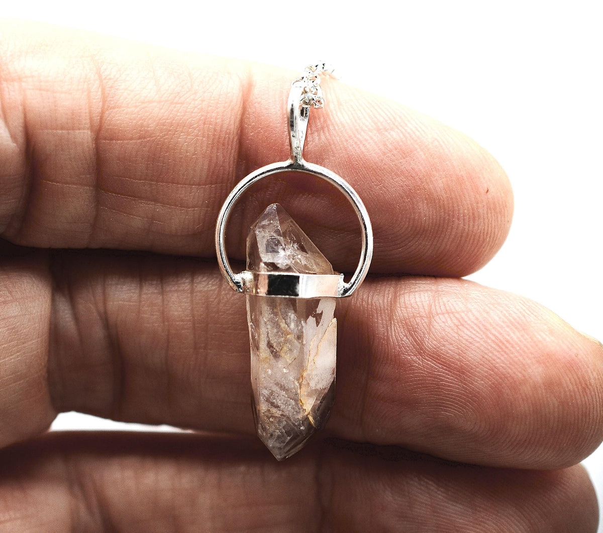 Lithium Quartz DT Phantom Silver Pendant: Ethically Mined Natural Crystal for Calm