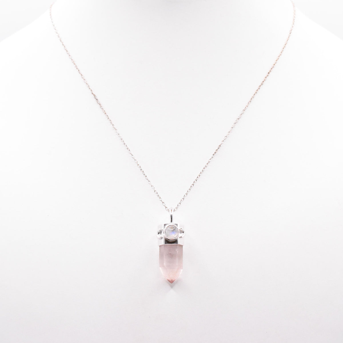 Handmade Brandberg Quartz Crystal and Rainbow Moonstone Sterling Silver Moon Pendant