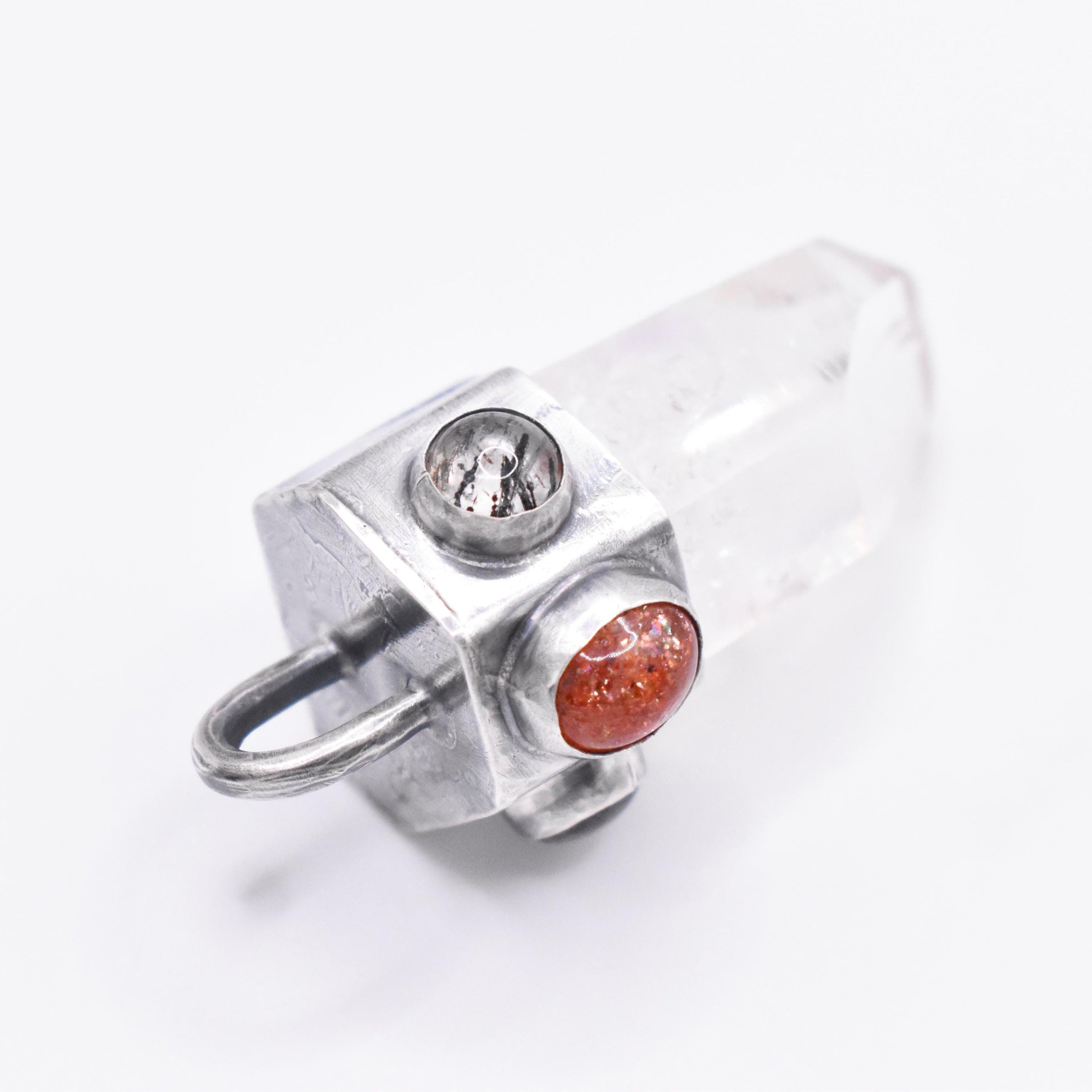 Handmade Brandberg Enhydro Quartz, Sunstone and Super 7 Hammered Sterling Silver Crystal Pendant