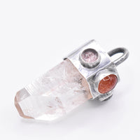 Handmade Brandberg Enhydro Quartz, Sunstone and Super 7 Hammered Sterling Silver Crystal Pendant