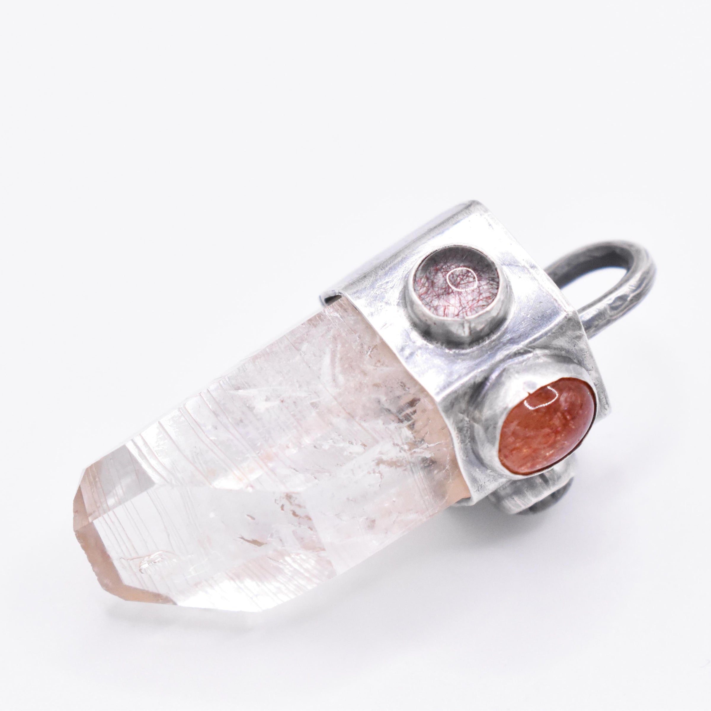 Handmade Brandberg Enhydro Quartz, Sunstone and Super 7 Hammered Sterling Silver Crystal Pendant