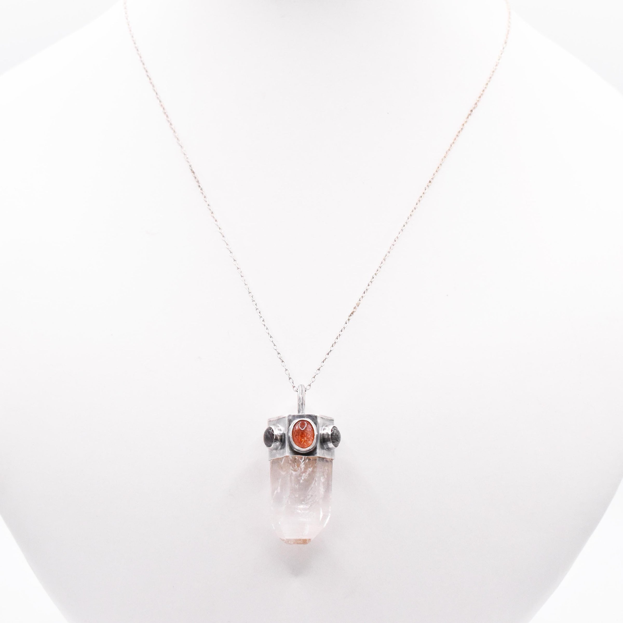 Handmade Brandberg Enhydro Quartz, Sunstone and Super 7 Hammered Sterling Silver Crystal Pendant